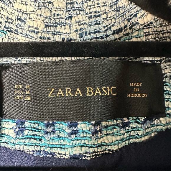 Zara Blue Blazer Jacket Tweed Jacquard Open Front Stripe White M - Picture 4 of 15